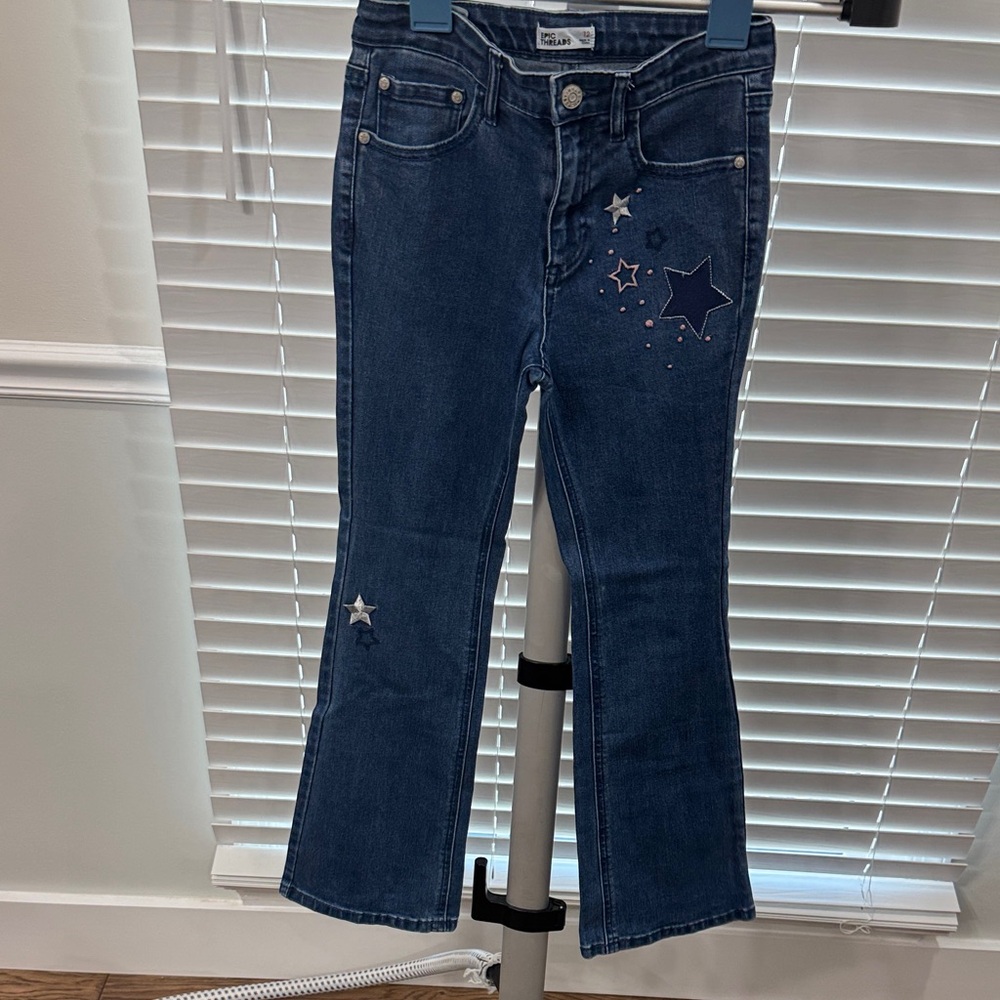 Epic Threads Dark Blue Star-Embroidered Flare Jeans